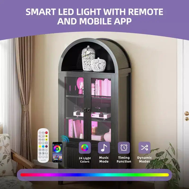 Dispensa da cucina alta 71 pollici, con armadietto ad arco e luce a LED, in legno