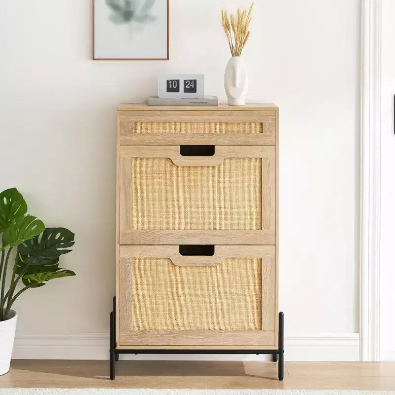 Scarpiera Contenitore con 2 Cassetti a Ribalta e 1 Cassetto, Organizzatore di Scarpe Autoportante in Rattan con 3 Ripiani Regolabili per Pantofole, Scarpe da Ginnastica, Tacchi