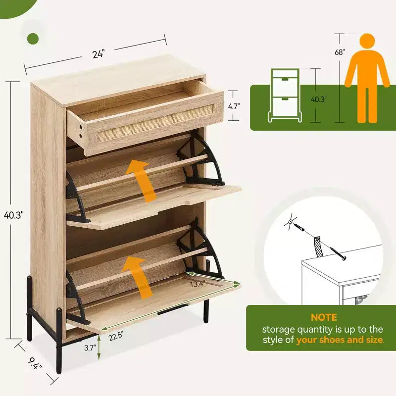 Scarpiera Contenitore con 2 Cassetti a Ribalta e 1 Cassetto, Organizzatore di Scarpe Autoportante in Rattan con 3 Ripiani Regolabili per Pantofole, Scarpe da Ginnastica, Tacchi