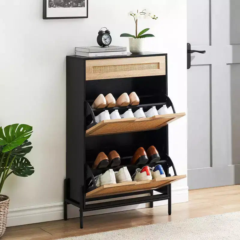Scarpiera Contenitore con 2 Cassetti a Ribalta e 1 Cassetto, Organizzatore di Scarpe Autoportante in Rattan con 3 Ripiani Regolabili per Pantofole, Scarpe da Ginnastica, Tacchi
