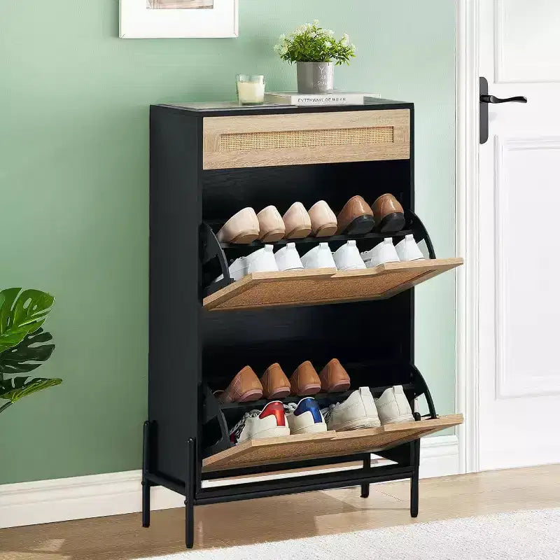 Scarpiera Contenitore con 2 Cassetti a Ribalta e 1 Cassetto, Organizzatore di Scarpe Autoportante in Rattan con 3 Ripiani Regolabili per Pantofole, Scarpe da Ginnastica, Tacchi