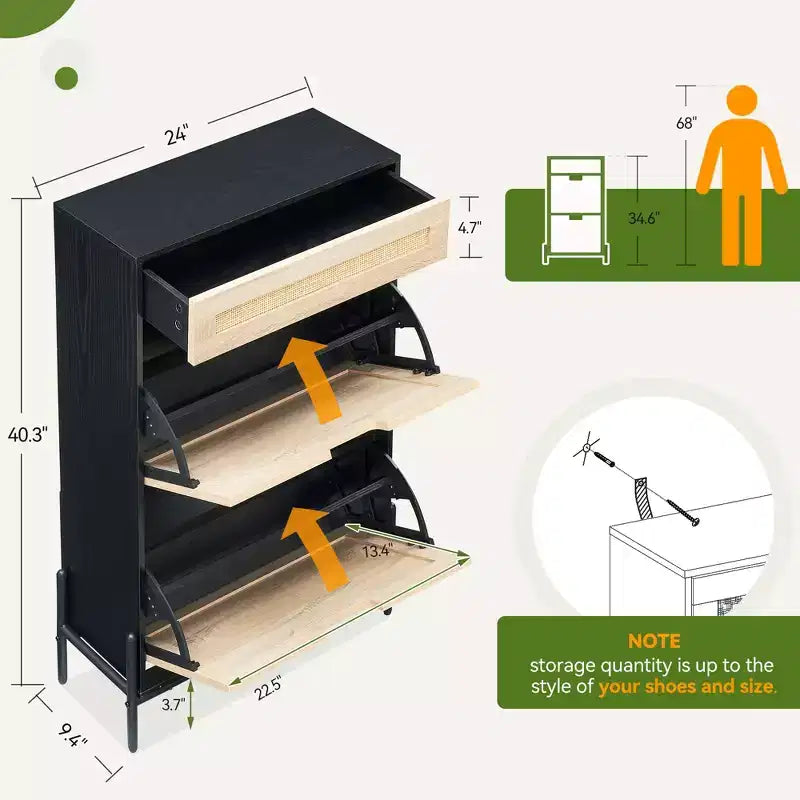 Scarpiera Contenitore con 2 Cassetti a Ribalta e 1 Cassetto, Organizzatore di Scarpe Autoportante in Rattan con 3 Ripiani Regolabili per Pantofole, Scarpe da Ginnastica, Tacchi