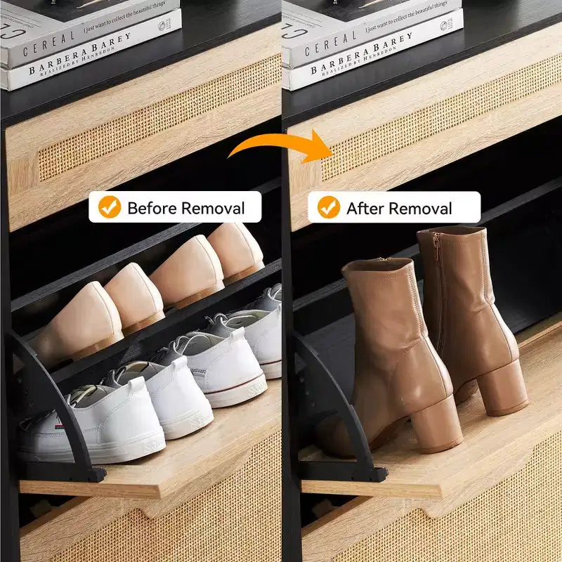 Scarpiera Contenitore con 2 Cassetti a Ribalta e 1 Cassetto, Organizzatore di Scarpe Autoportante in Rattan con 3 Ripiani Regolabili per Pantofole, Scarpe da Ginnastica, Tacchi