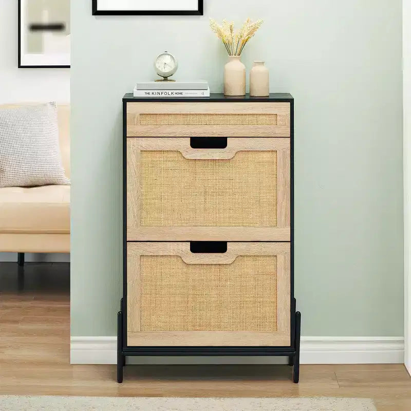 Shoe Cabinet Storage with 2 Flip Drawers and 1 Drawer,Freestanding Rattan Shoe Organizer with 3-Tier Adjustable Shelves for Slippers,Sneakers,Heels