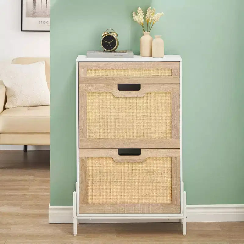 Scarpiera Contenitore con 2 Cassetti a Ribalta e 1 Cassetto, Organizzatore di Scarpe Autoportante in Rattan con 3 Ripiani Regolabili per Pantofole, Scarpe da Ginnastica, Tacchi