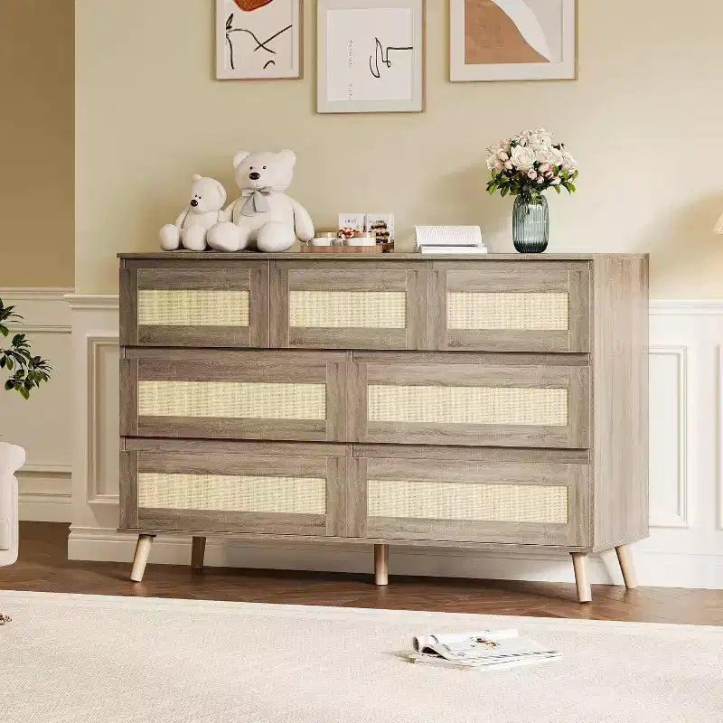 Comò in rattan a 7 cassetti per camera da letto, cassettiere in legno, organizzatore moderno in stile rustico per armadio, soggiorno