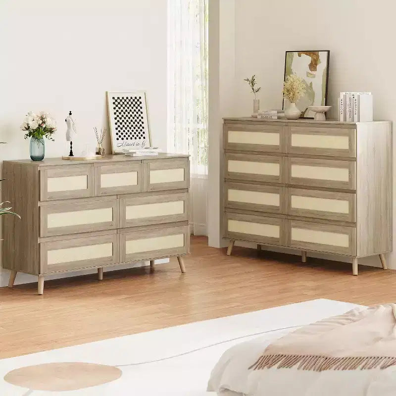Comò in rattan a 7 cassetti per camera da letto, cassettiere in legno, organizzatore moderno in stile rustico per armadio, soggiorno