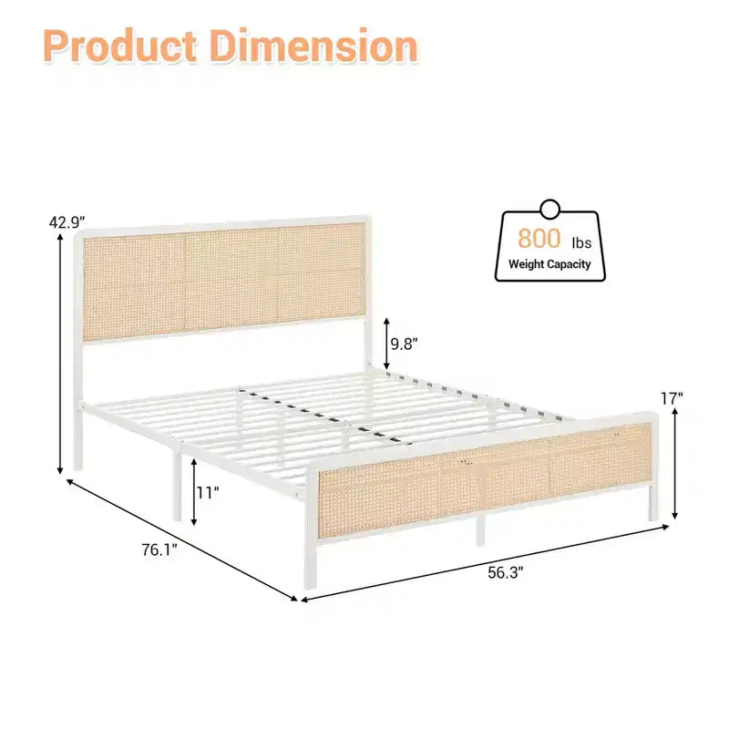 COZONY Letto a piattaforma in rattan con testiera illuminata, letto boho con supporto a doghe in acciaio e illuminazione ambientale