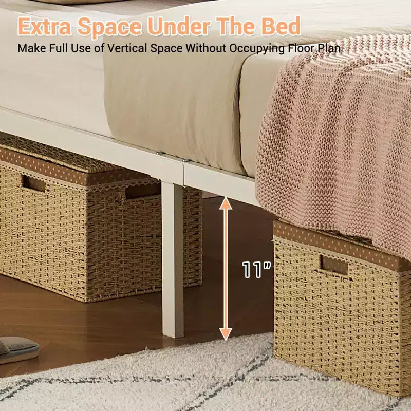 COZONY Letto a piattaforma in rattan con testiera illuminata, letto boho con supporto a doghe in acciaio e illuminazione ambientale