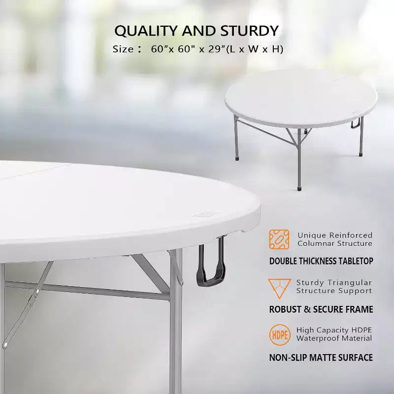 VINGLI Tavolo Commerciale Pieghevole Rotondo Bianco 5 FT, Tavolo da Pranzo in Plastica Portatile da 60 Pollici per Cucina Feste Matrimoni Eventi, Confezione da 1