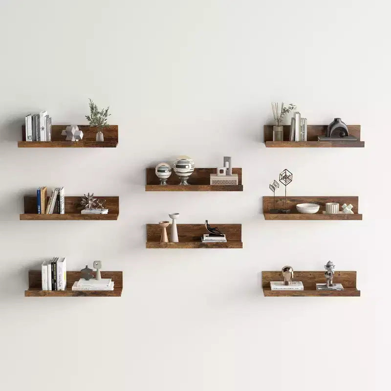 FurnitureR Floating Shelves for Wall, 15.75 Inch Wide Wooden WallMounted Display Ledge Set, Modern Storage Shelves for Living Room Set of 8, Brown