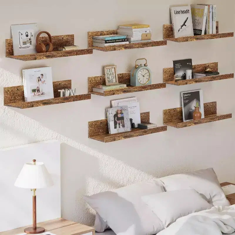Mensole galleggianti FurnitureR per parete, set di mensole decorative in legno da 15,75 pollici, set di 8 mensole moderne per soggiorno, marrone