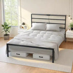 FurnitureR Metal Bed Frame Twin with Led Lights and Charging Station, Mattress Foundation, Iron-Art Headboard and Footboard, Storage Shelves, Black