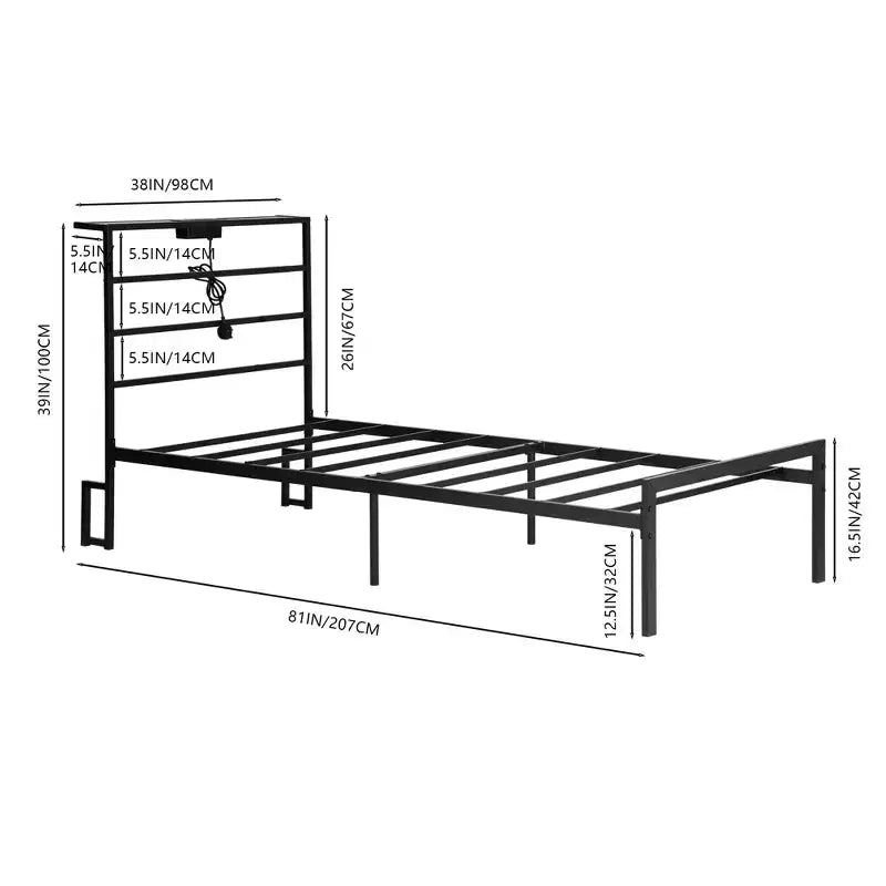 Struttura Letto Matrimoniale in Metallo FurnitureR con Luci LED e Stazione di Ricarica, Base per Materasso, Testiera e Pediera in Ferro Battuto, Ripiani portaoggetti, Nero
