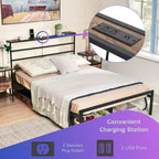Struttura Letto Matrimoniale in Metallo FurnitureR con Luci LED e Stazione di Ricarica, Base per Materasso, Testiera e Pediera in Ferro Battuto, Ripiani portaoggetti, Nero