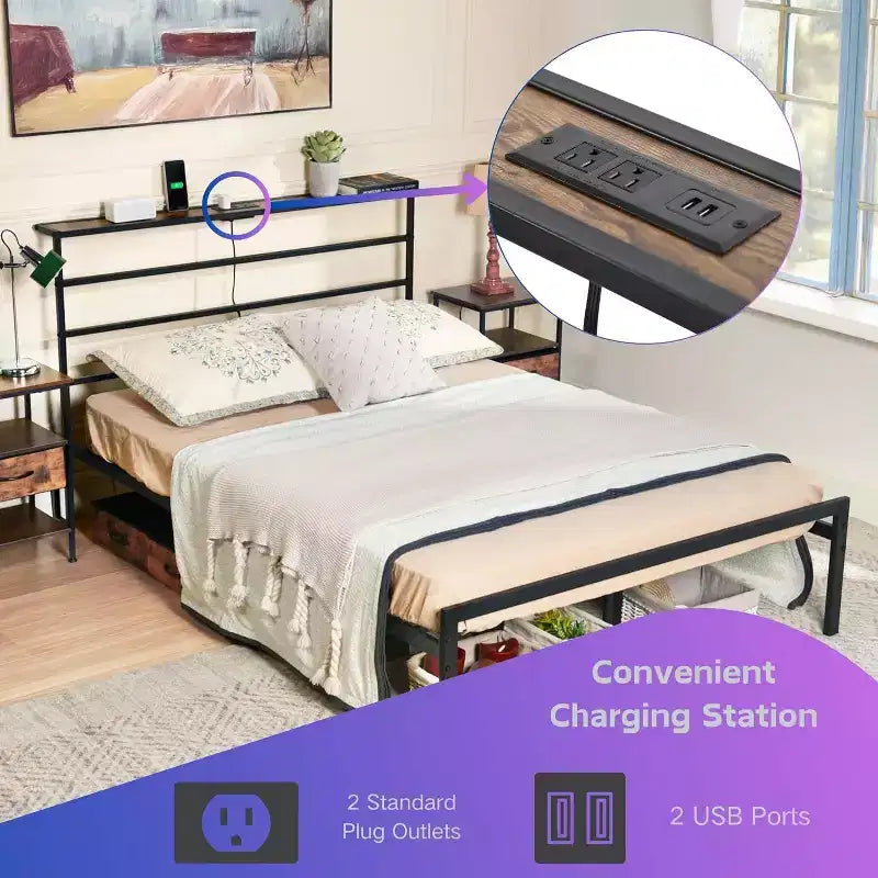 Struttura Letto Matrimoniale in Metallo FurnitureR con Luci LED e Stazione di Ricarica, Base per Materasso, Testiera e Pediera in Ferro Battuto, Ripiani portaoggetti, Nero