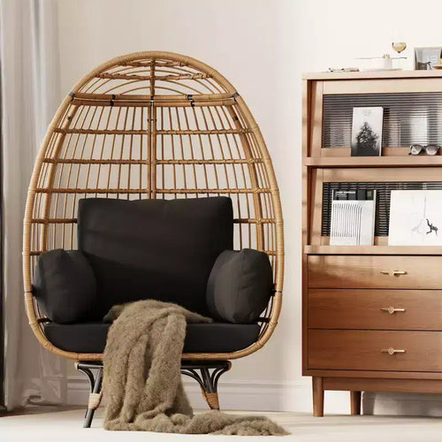 Poltrona a uovo girevole a 360°, sedia a sdraio da esterno in rattan PE con morbido cuscino, telaio in acciaio e base in metallo, design a cesto in vimini impermeabile