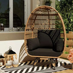 Poltrona a uovo girevole a 360°, sedia a sdraio da esterno in rattan PE con morbido cuscino, telaio in acciaio e base in metallo, design a cesto in vimini impermeabile