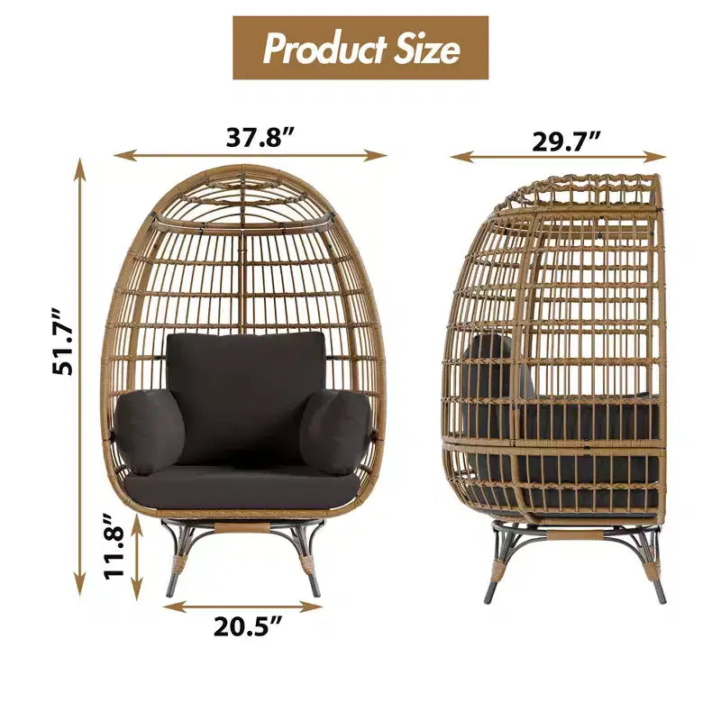 Poltrona a uovo girevole a 360°, sedia a sdraio da esterno in rattan PE con morbido cuscino, telaio in acciaio e base in metallo, design a cesto in vimini impermeabile