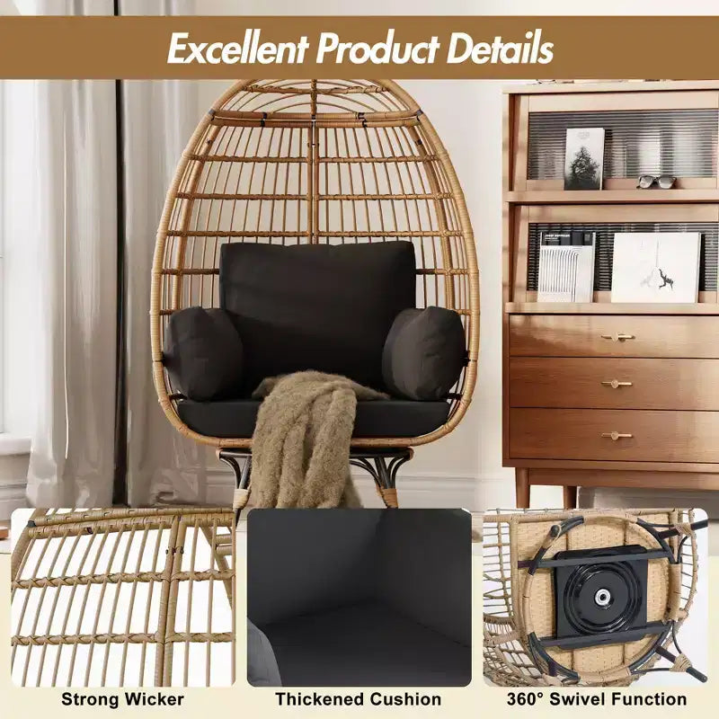 Poltrona a uovo girevole a 360°, sedia a sdraio da esterno in rattan PE con morbido cuscino, telaio in acciaio e base in metallo, design a cesto in vimini impermeabile