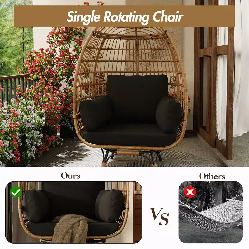 Poltrona a uovo girevole a 360°, sedia a sdraio da esterno in rattan PE con morbido cuscino, telaio in acciaio e base in metallo, design a cesto in vimini impermeabile
