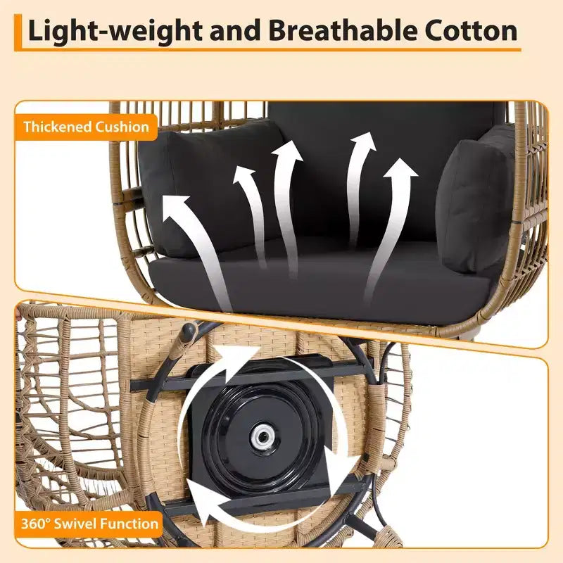 Poltrona a uovo girevole a 360°, sedia a sdraio da esterno in rattan PE con morbido cuscino, telaio in acciaio e base in metallo, design a cesto in vimini impermeabile