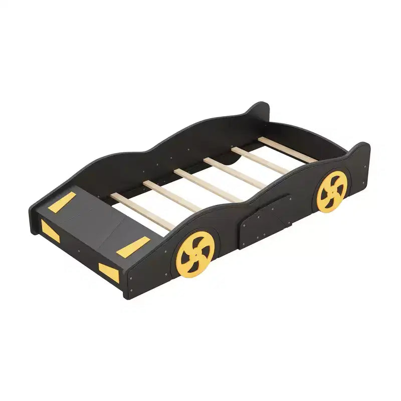 Letto a piattaforma per bambini a forma di auto da corsa, struttura del letto a forma di auto in legno con contenitore e ruote per bambini e bambine