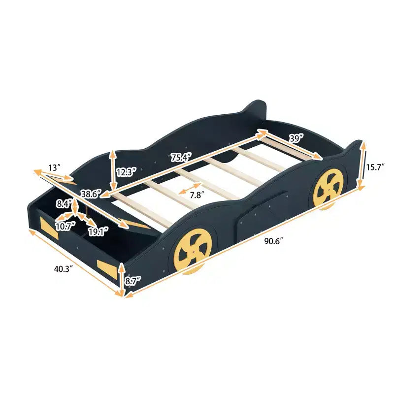 Letto a piattaforma per bambini a forma di auto da corsa, struttura del letto a forma di auto in legno con contenitore e ruote per bambini e bambine