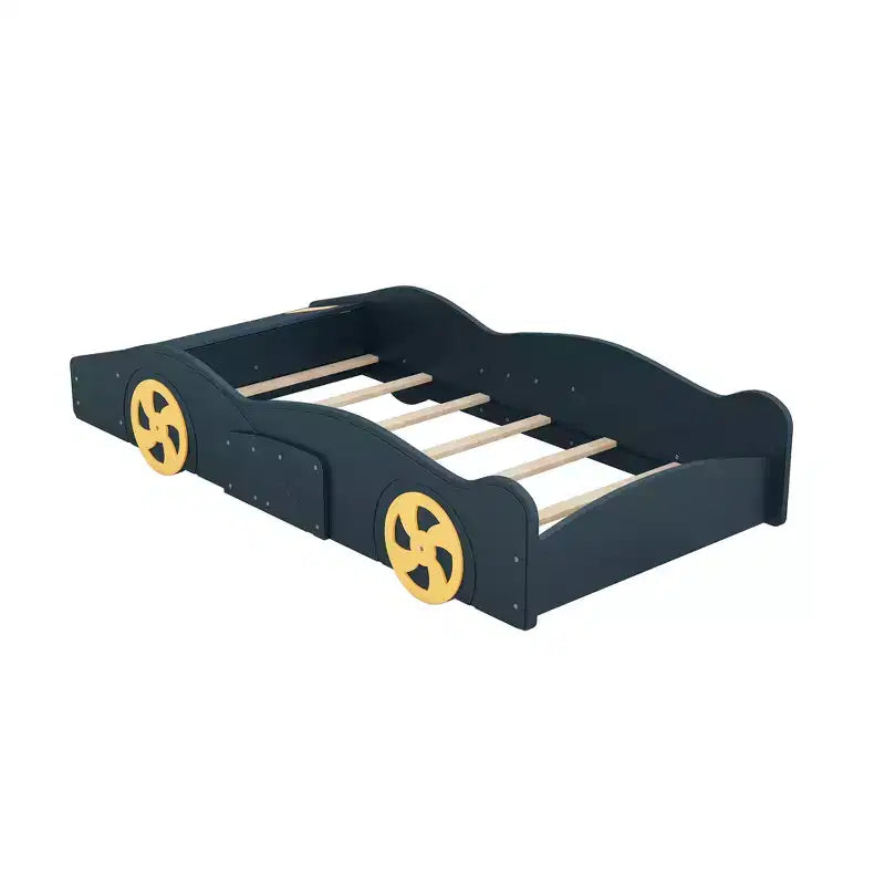 Letto a piattaforma per bambini a forma di auto da corsa, struttura del letto a forma di auto in legno con contenitore e ruote per bambini e bambine