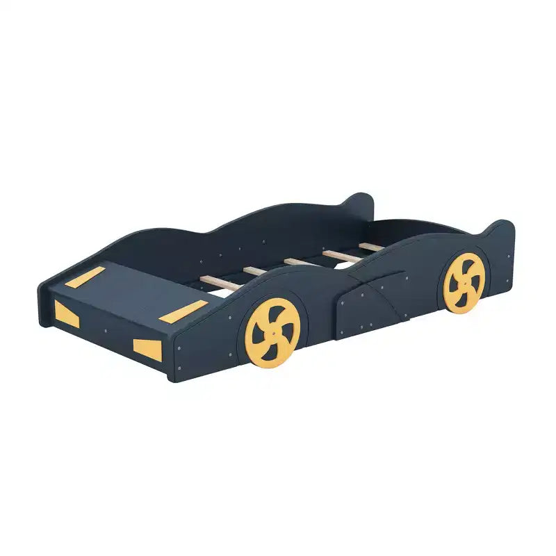 Letto a piattaforma per bambini a forma di auto da corsa, struttura del letto a forma di auto in legno con contenitore e ruote per bambini e bambine