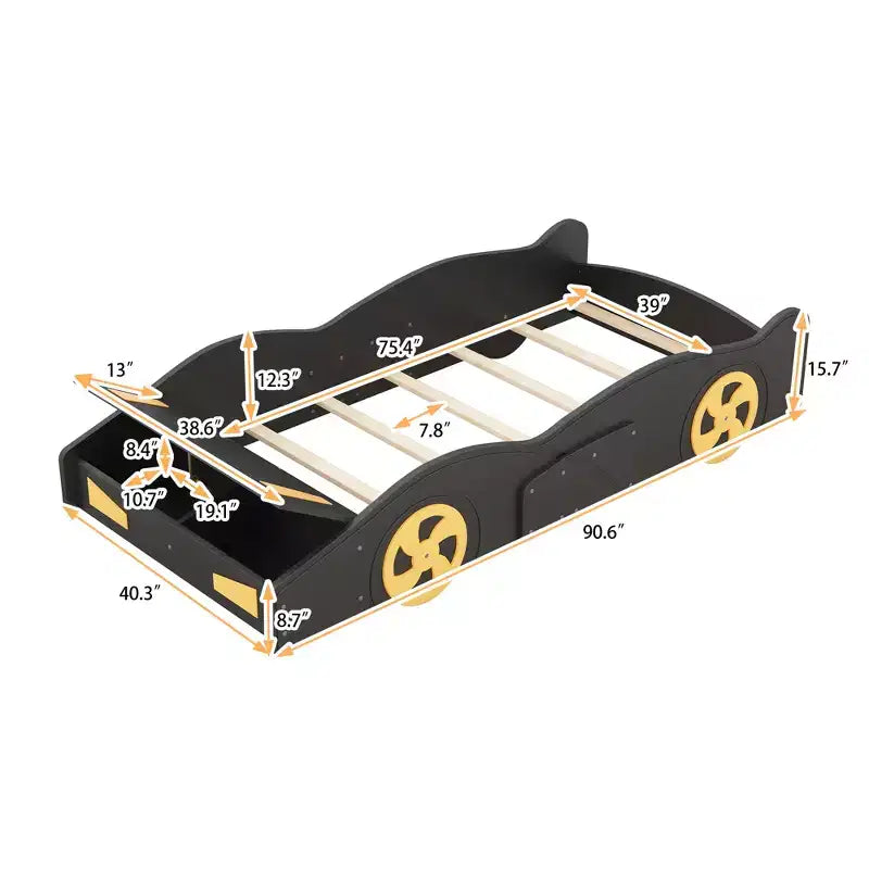 Letto a piattaforma per bambini a forma di auto da corsa, struttura del letto a forma di auto in legno con contenitore e ruote per bambini e bambine