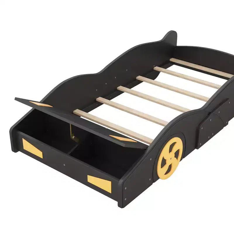 Letto a piattaforma per bambini a forma di auto da corsa, struttura del letto a forma di auto in legno con contenitore e ruote per bambini e bambine