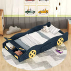 Letto a piattaforma per bambini a forma di auto da corsa, struttura del letto a forma di auto in legno con contenitore e ruote per bambini e bambine