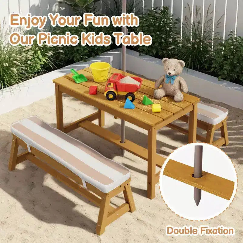 Karl Home Tavolo da Picnic e Panca da Esterno Rettangolari in Legno per Bambini con Ombrellone e Cuscini