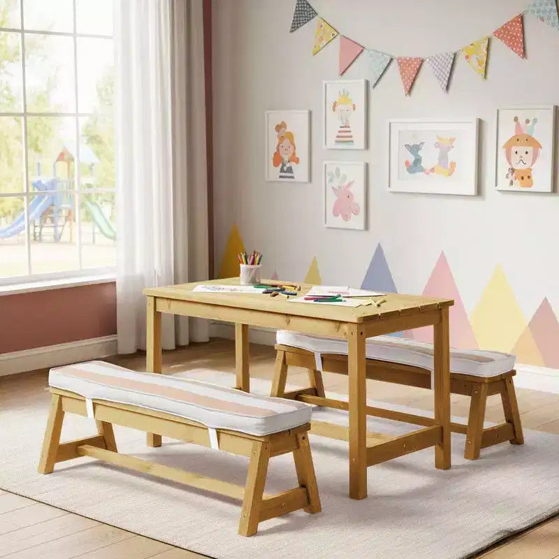 Karl Home Tavolo da Picnic e Panca da Esterno Rettangolari in Legno per Bambini con Ombrellone e Cuscini