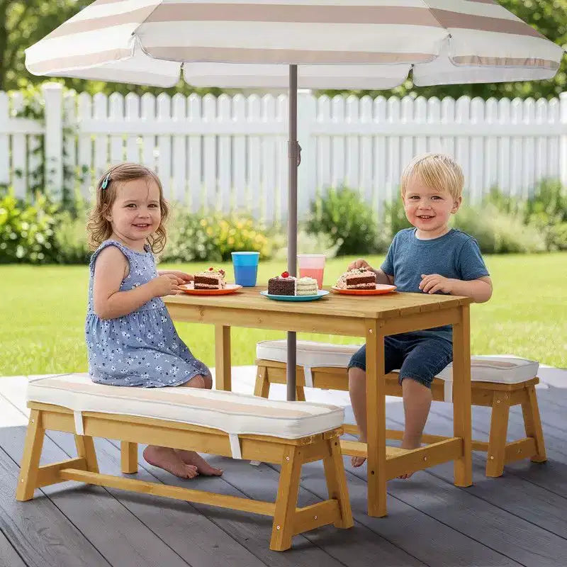 Karl Home Tavolo da Picnic e Panca da Esterno Rettangolari in Legno per Bambini con Ombrellone e Cuscini