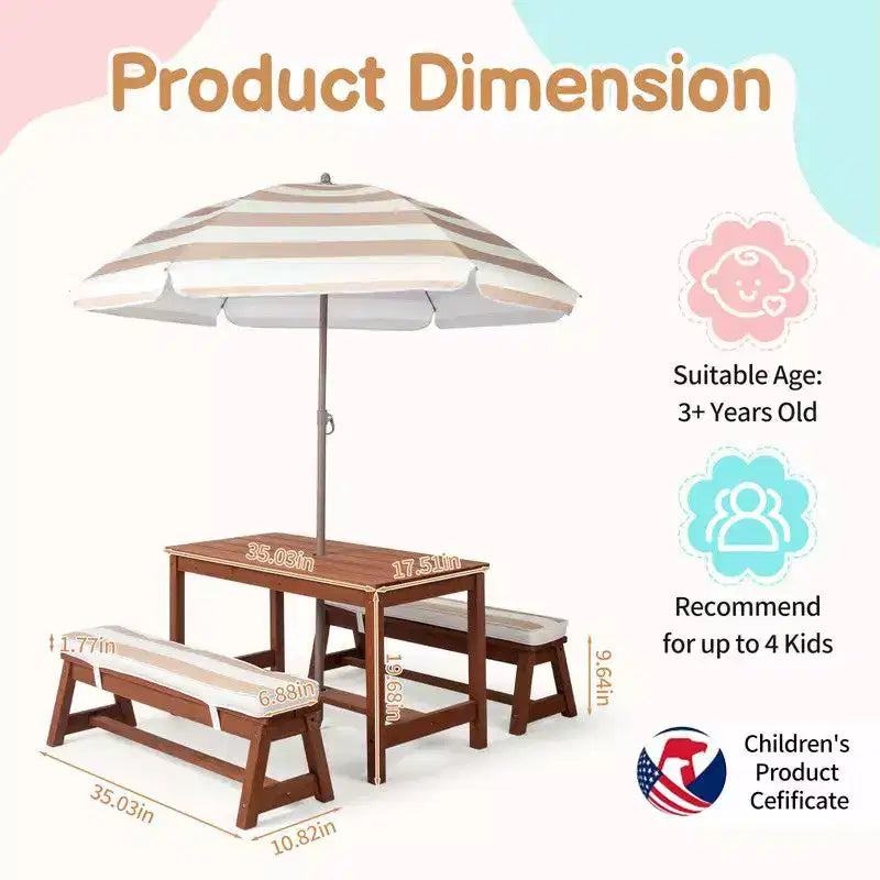 Karl Home Tavolo da Picnic e Panca da Esterno Rettangolari in Legno per Bambini con Ombrellone e Cuscini