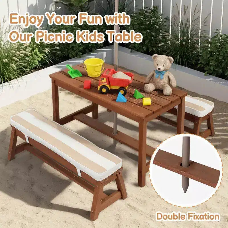 Karl Home Tavolo da Picnic e Panca da Esterno Rettangolari in Legno per Bambini con Ombrellone e Cuscini