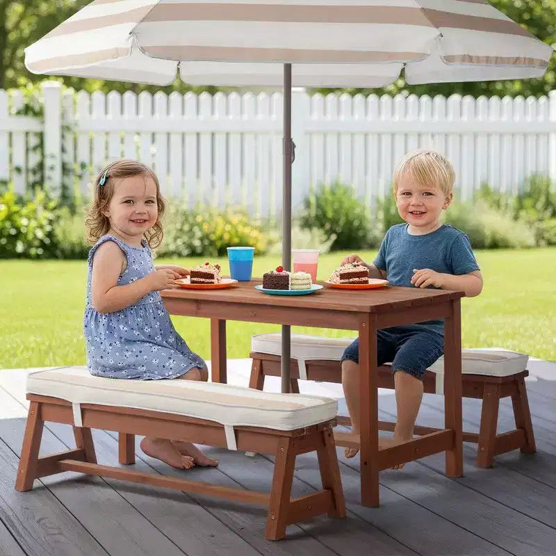 Karl Home Tavolo da Picnic e Panca da Esterno Rettangolari in Legno per Bambini con Ombrellone e Cuscini
