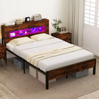 Costway Struttura Letto Matrimoniale con Luci LED, Testiera Contenitore, Prese di Corrente e Robusto Supporto in Metallo