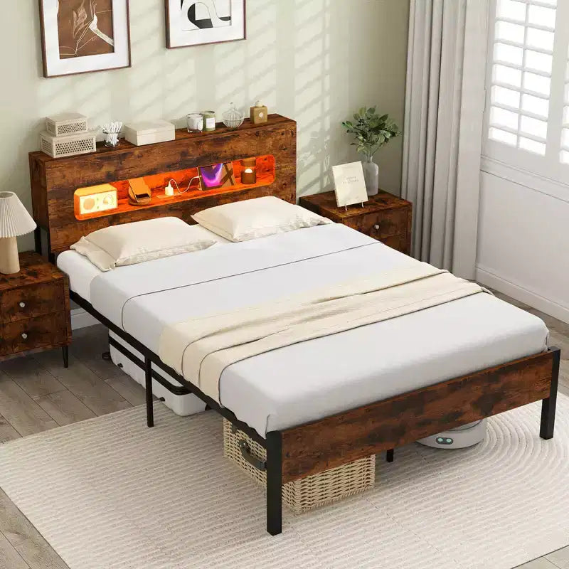 Costway Struttura Letto Matrimoniale con Luci LED, Testiera Contenitore, Prese di Corrente e Robusto Supporto in Metallo
