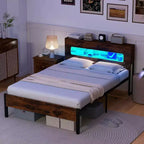 Costway Struttura Letto Matrimoniale con Luci LED, Testiera Contenitore, Prese di Corrente e Robusto Supporto in Metallo