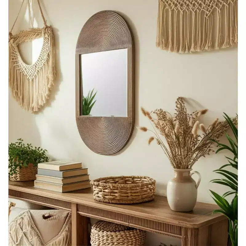 Specchio da parete in legno boho - Cornice marrone artigianale - Accento decorativo rustico per la casa, l'ufficio, la camera da letto e il soggiorno - 1 marrone