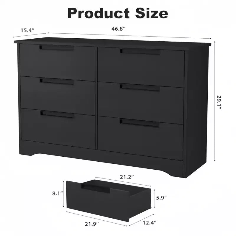 Cassettiera orizzontale a 6 cassetti GustoWave nera con maniglie integrate, texture in rilievo effetto legno - Antiribaltamento