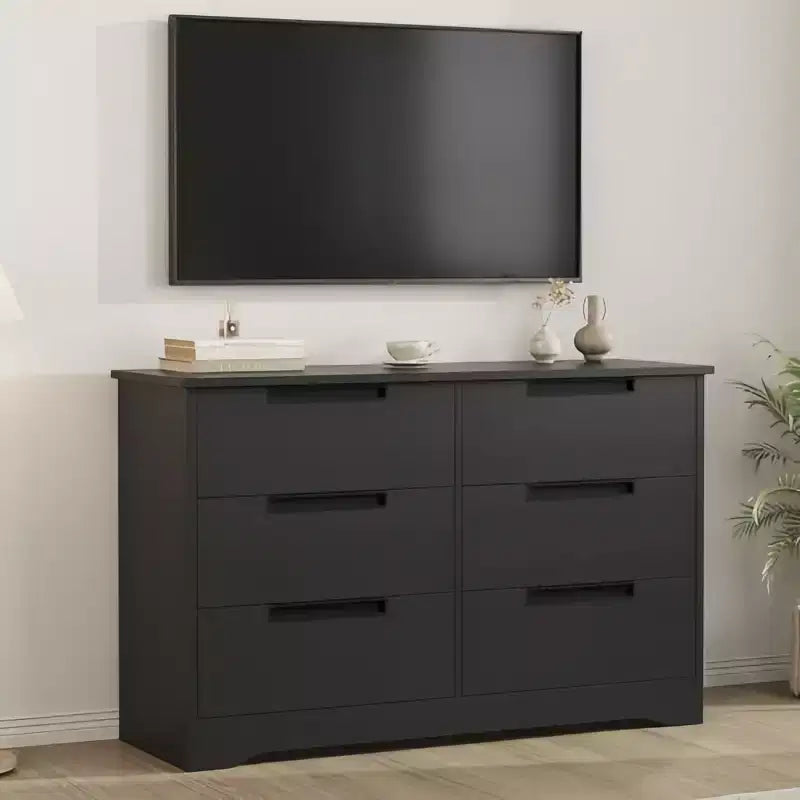 Cassettiera orizzontale a 6 cassetti GustoWave nera con maniglie integrate, texture in rilievo effetto legno - Antiribaltamento