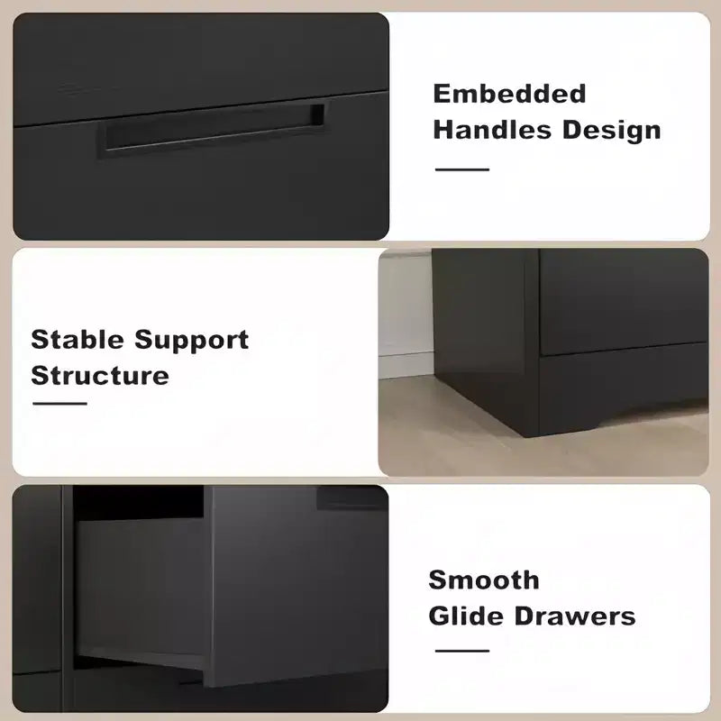 Cassettiera orizzontale a 6 cassetti GustoWave nera con maniglie integrate, texture in rilievo effetto legno - Antiribaltamento