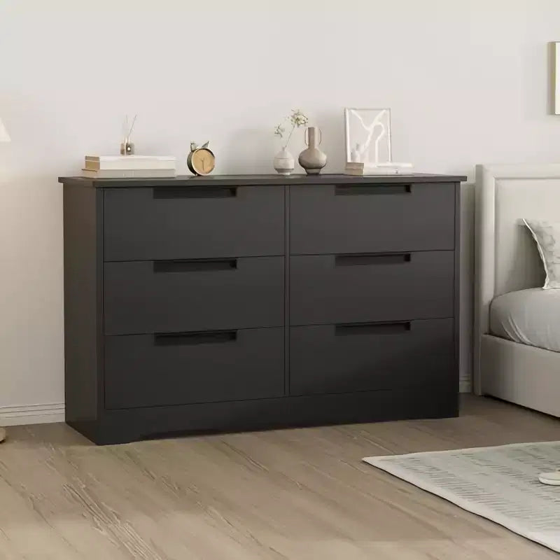 Cassettiera orizzontale a 6 cassetti GustoWave nera con maniglie integrate, texture in rilievo effetto legno - Antiribaltamento