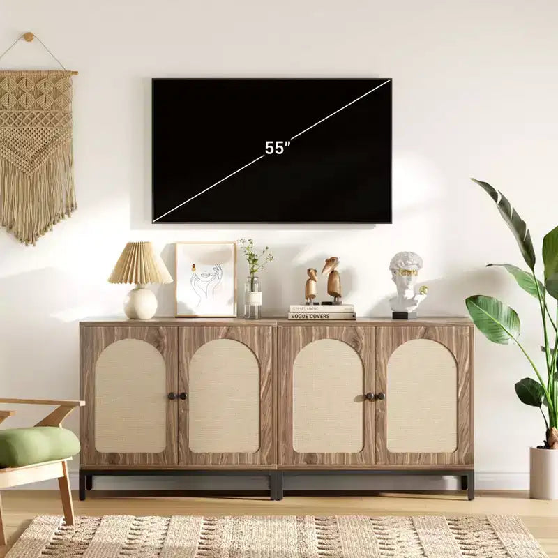 Credenza buffet in rattan, mobile da cucina con ante in rattan e ripiani regolabili, credenza da soggiorno o sala da pranzo in stile bohémien per liquori o caffè