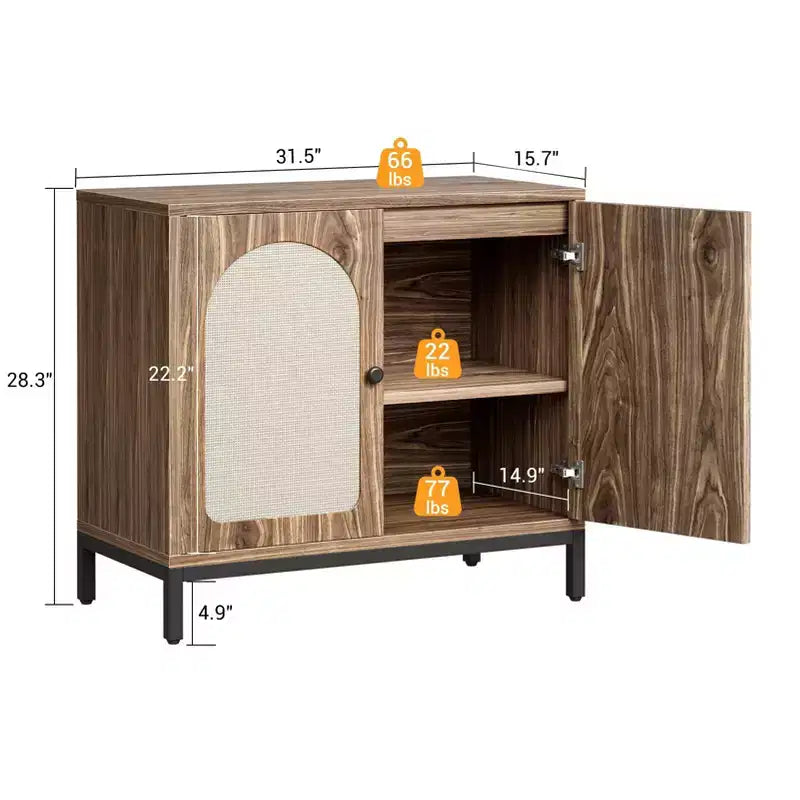 Credenza buffet in rattan, mobile da cucina con ante in rattan e ripiani regolabili, credenza da soggiorno o sala da pranzo in stile bohémien per liquori o caffè