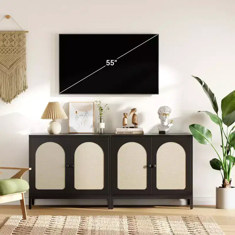 Credenza buffet in rattan, mobile da cucina con ante in rattan e ripiani regolabili, credenza da soggiorno o sala da pranzo in stile bohémien per liquori o caffè
